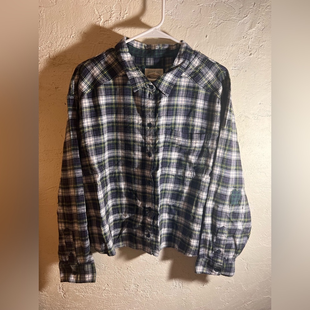 American Eagle Outfitters Plaid Button Down Shirt Blue Green loose fit boxy XL